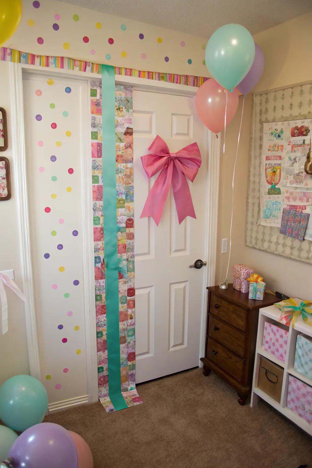 Gift wrap aesthetic adds a cheerful and festive impression to your bedroom entrance.