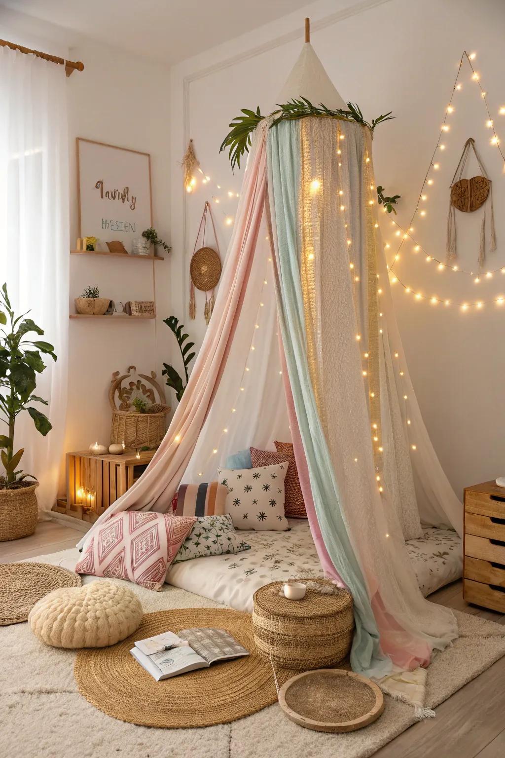 Enter a realm of Bohemian Fantasies, where vibrant fabrics and eclectic elements fashion the ideal cozy sanctuary.