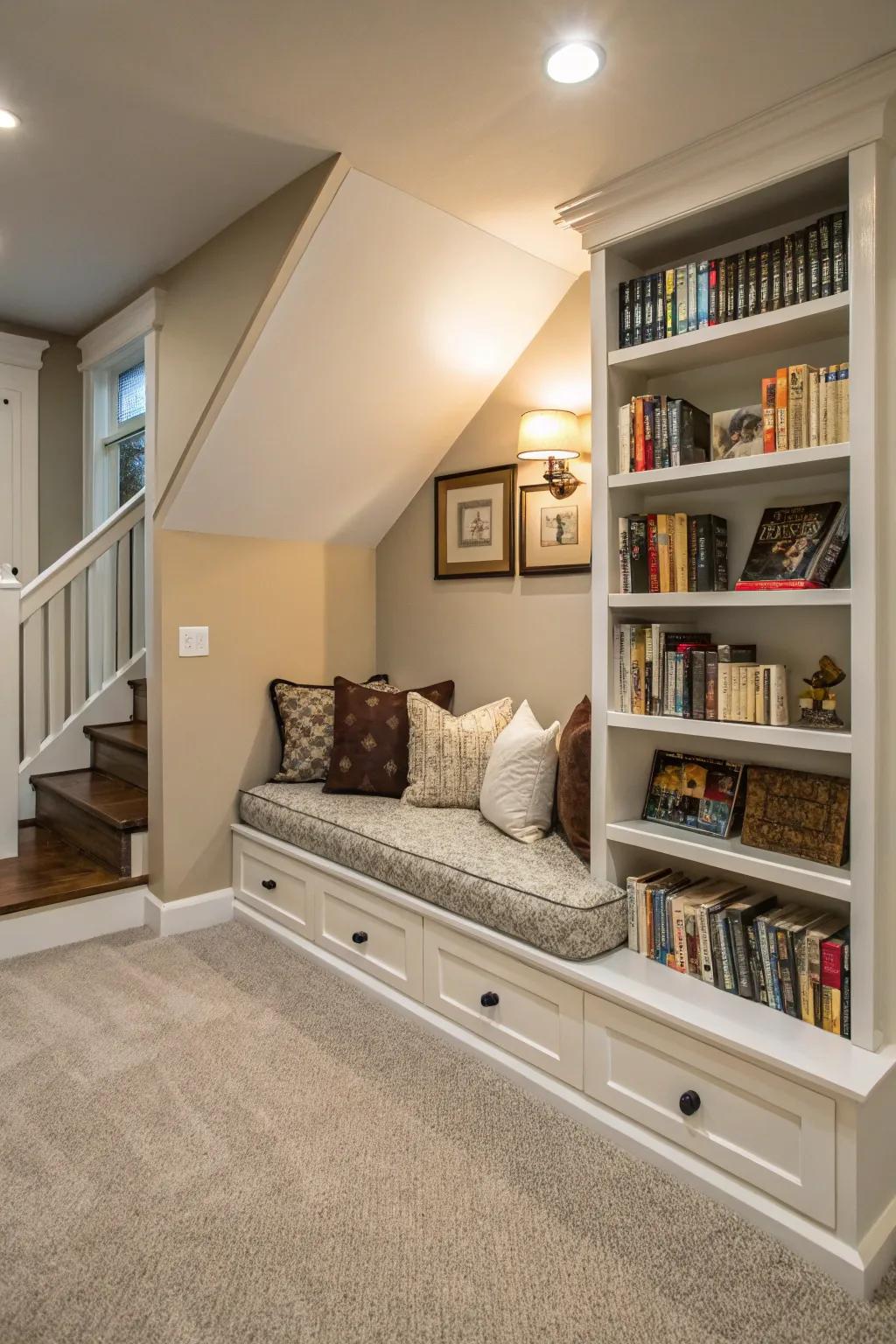Turn knee walls into a cozy reading nook for a relaxing escape.