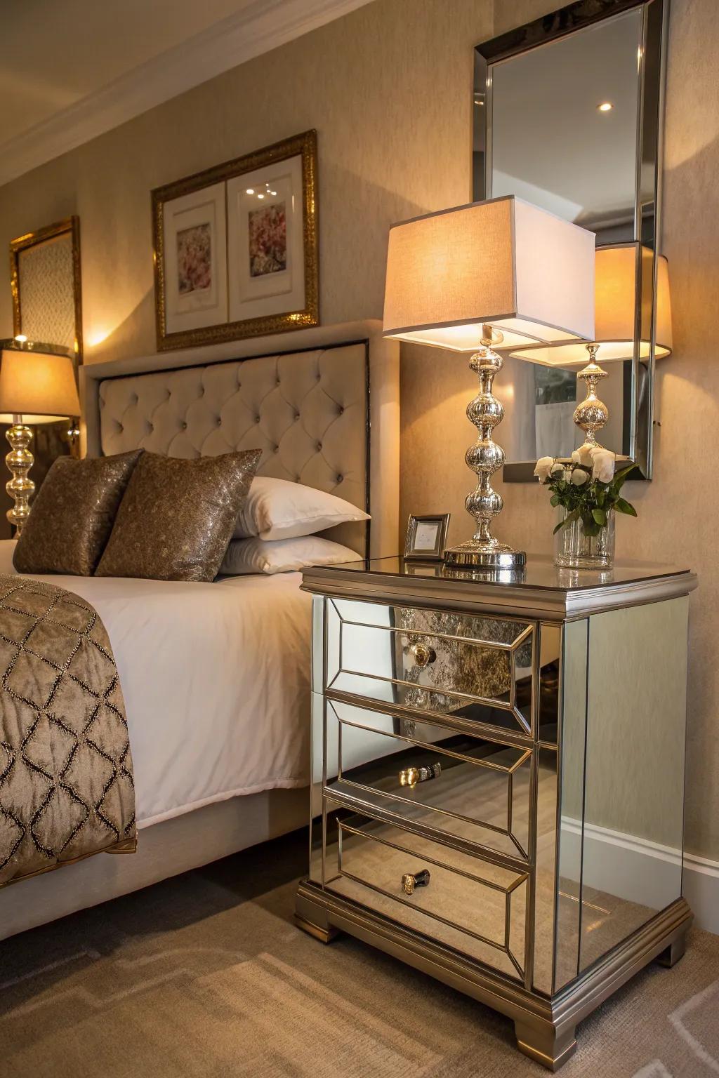 Mirrored furniture that adds glamour and elegance to the bedroom.