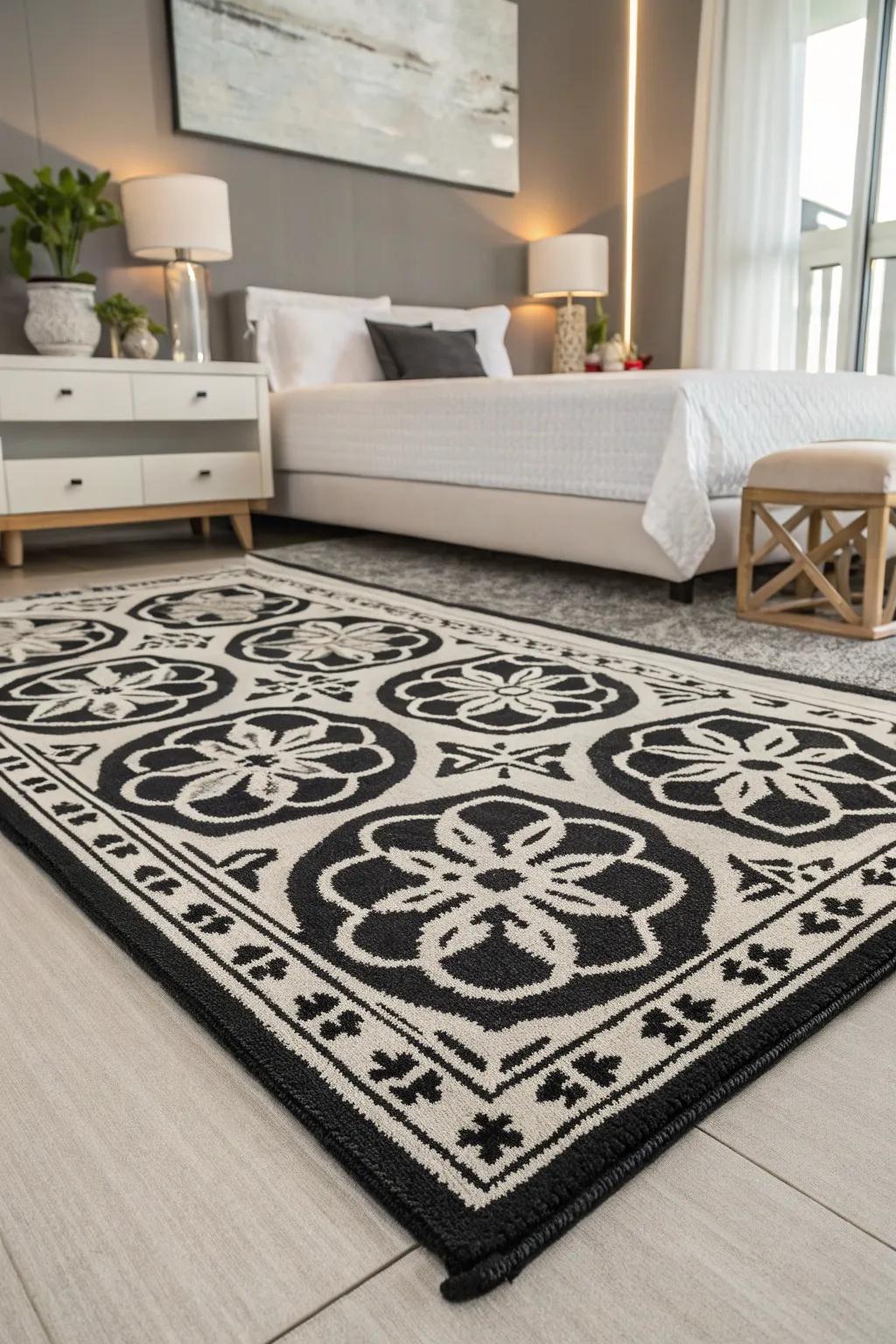 Monochrome floor coverings offer classic sophistication.