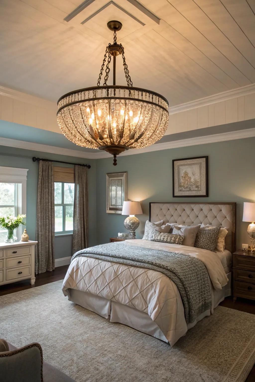 A bedroom lit by a beautiful light fixture.