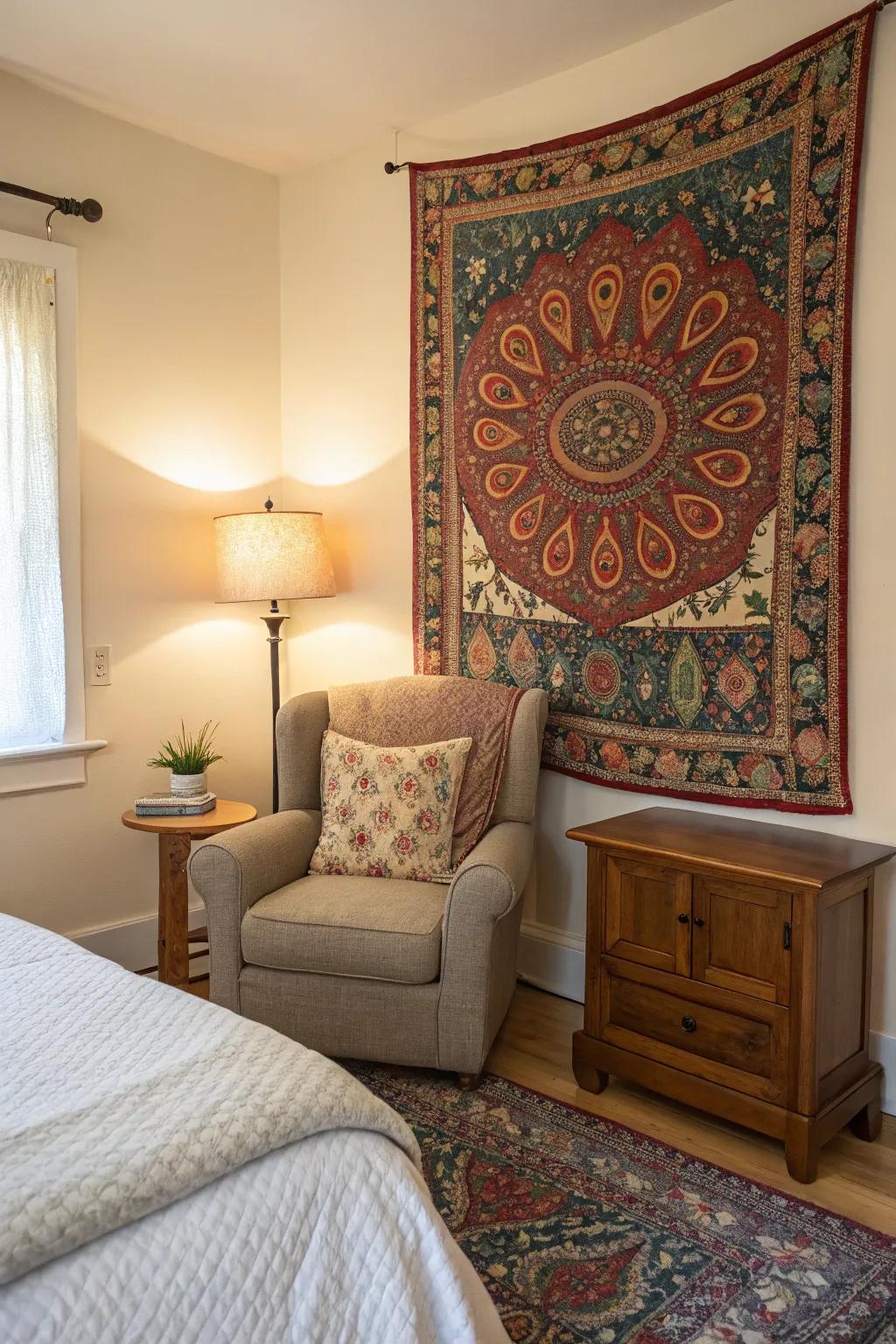 Define areas creatively with a fabric art backdrop.