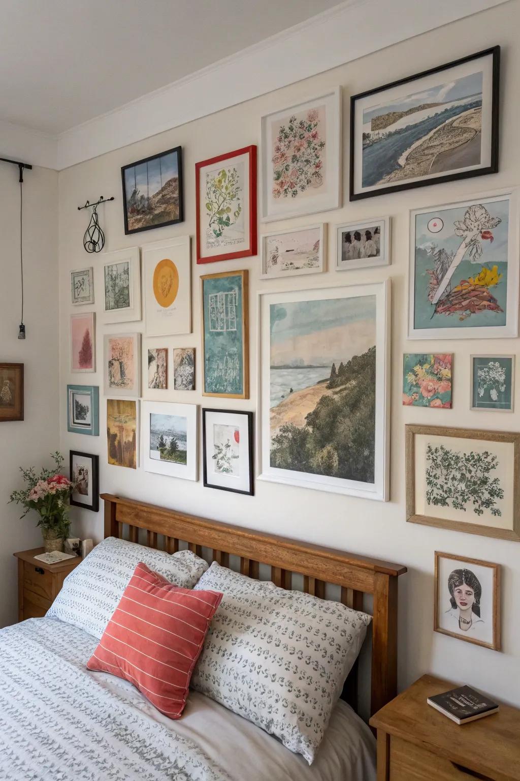 Layering artwork creates a well-chosen and dynamic visual story on bedroom walls.