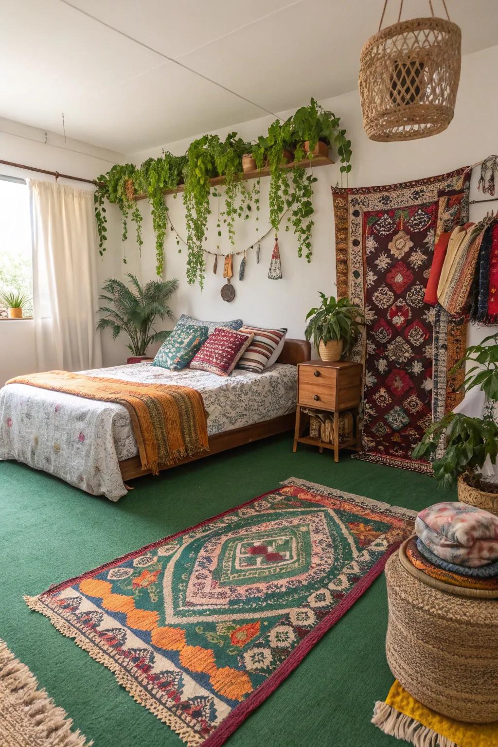 Layered rugs create a bohemian atmosphere, adding texture and color to the emerald floor covering.