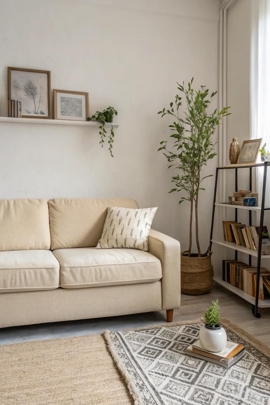 An understated living room featuring a sand-toned sofa, exuding serenity and simplicity.