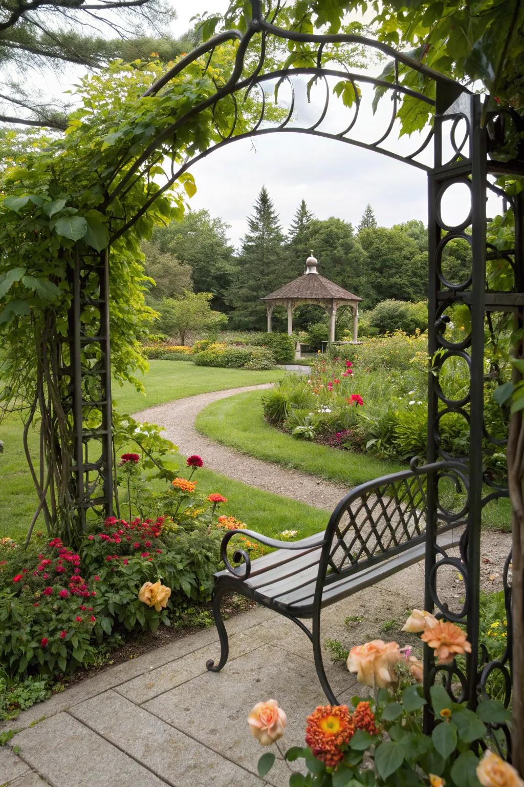 An arch bench fashions a charming, defined garden space.