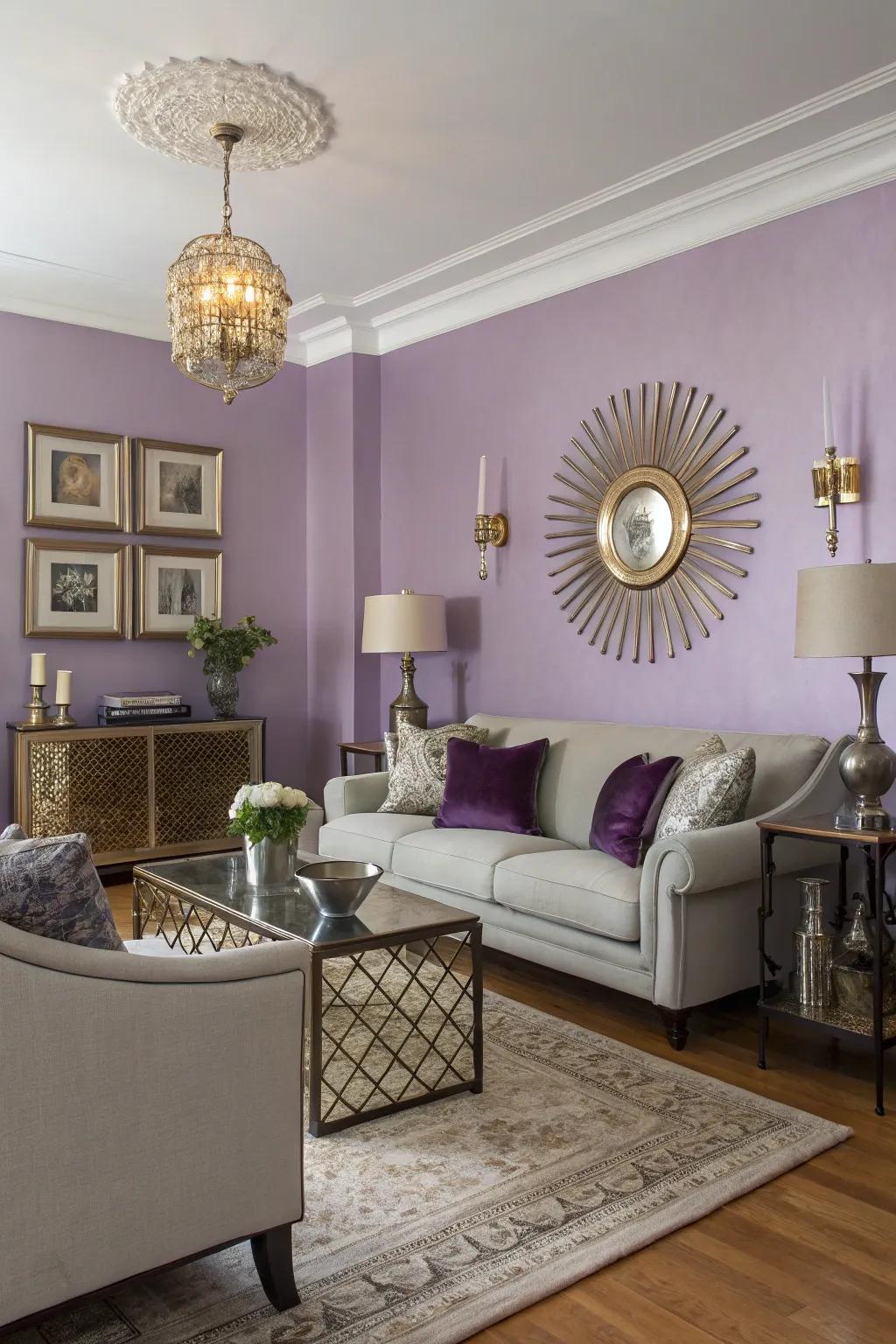 Lilac walls create a luxurious and calming atmosphere.