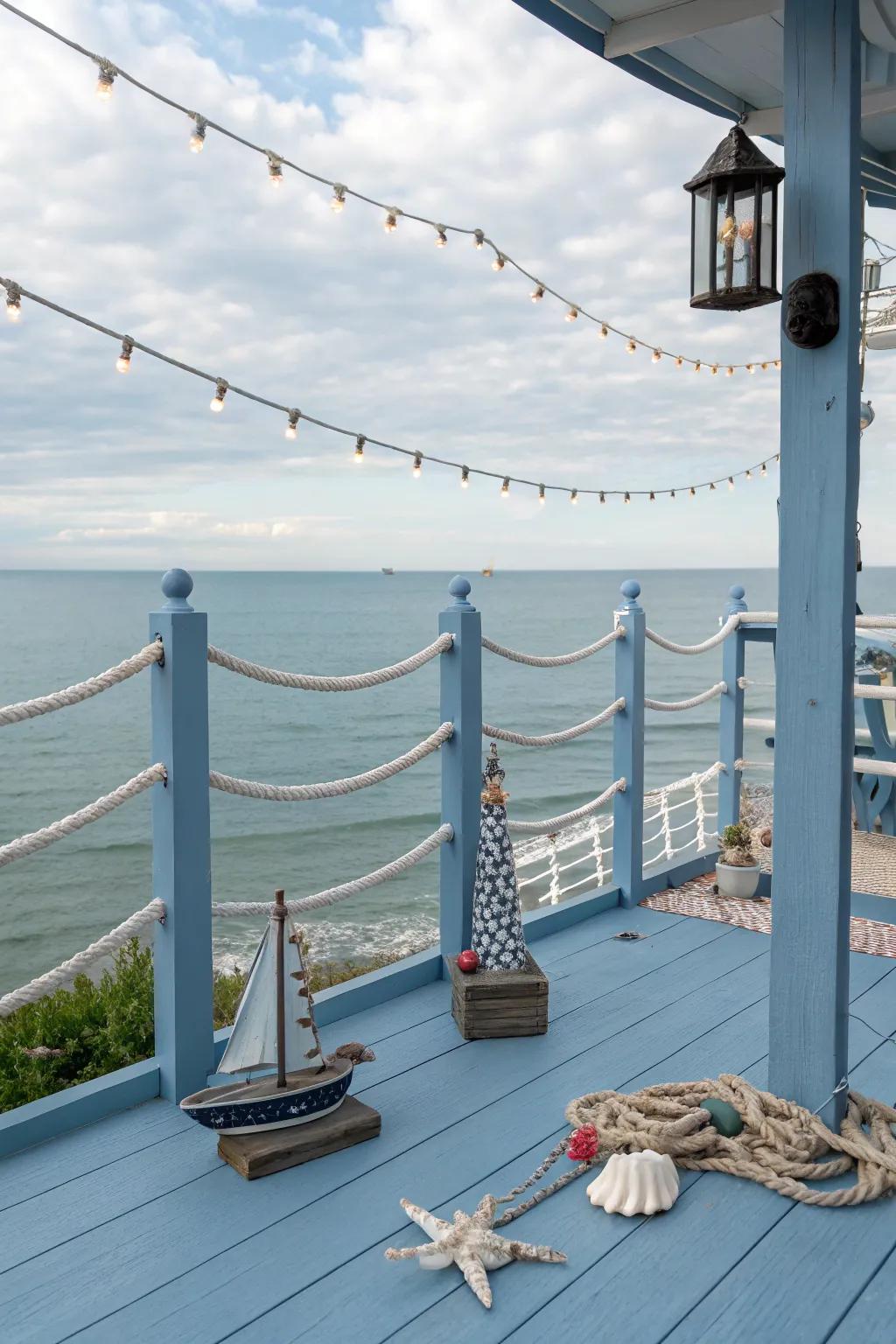 Slate blue decks provide a cool and stylish coastal ambiance.