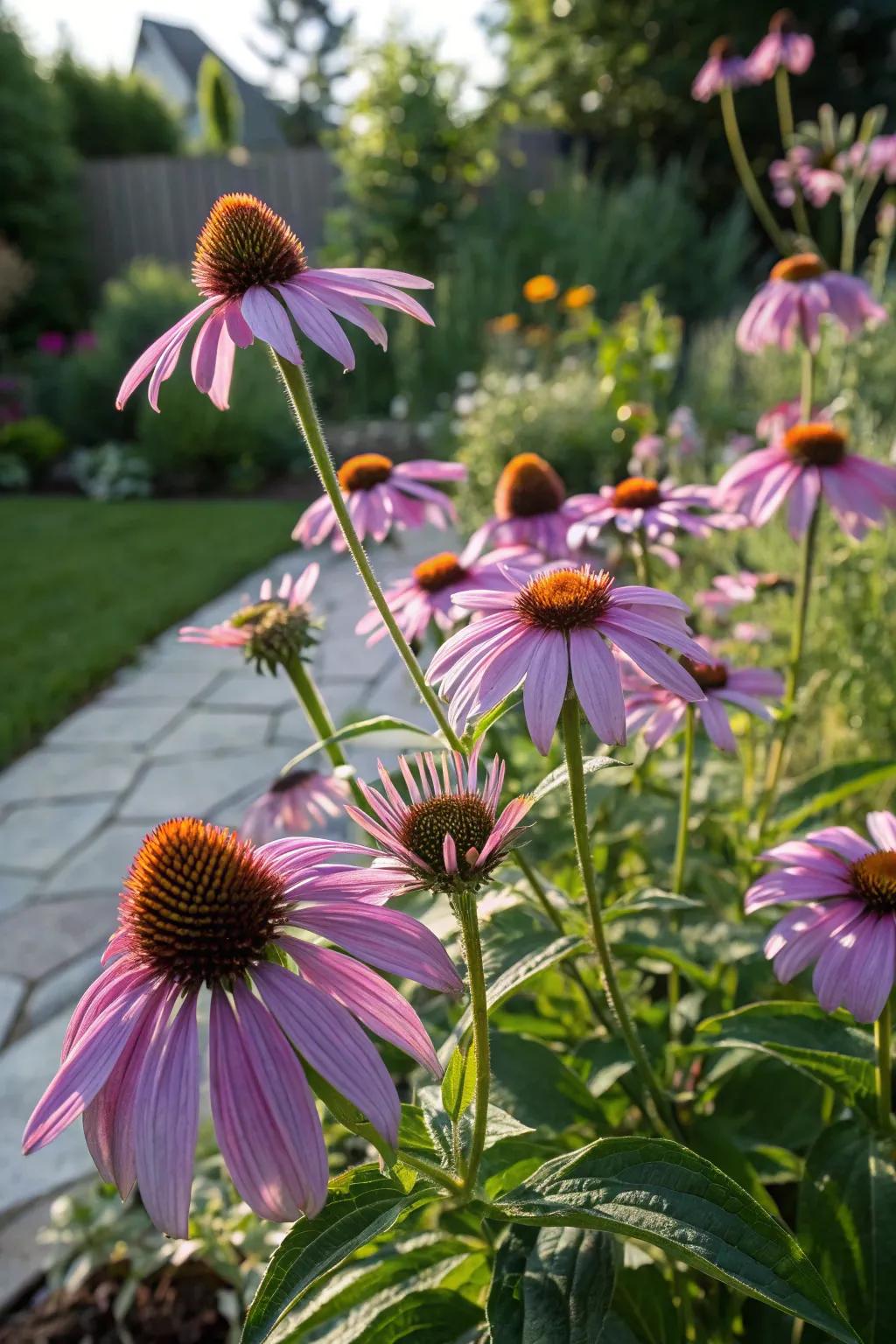 Echinacea enriches the front garden with color and attracts helpful pollinators.