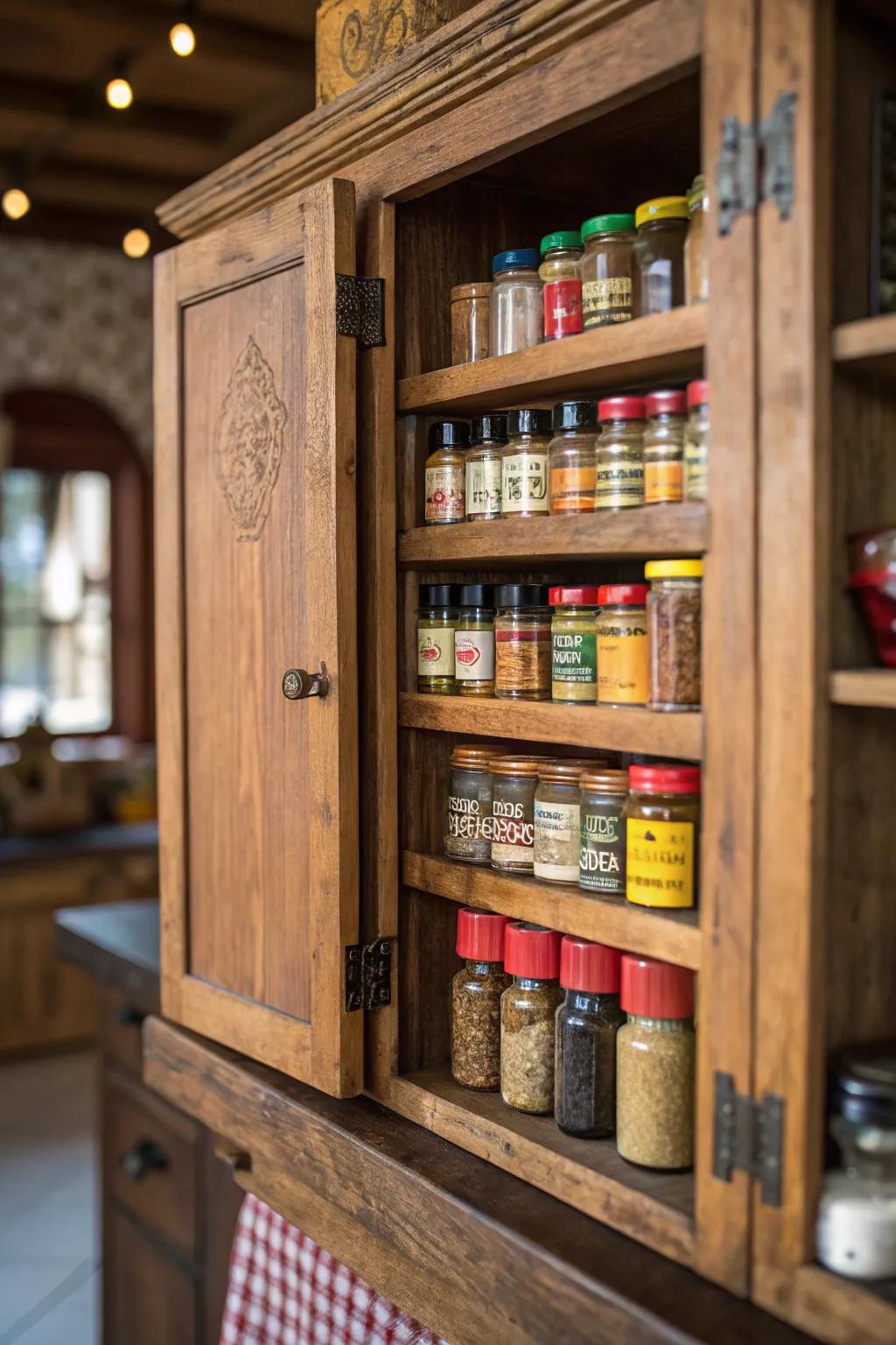 With a wood spice cabinet in a rustic style, add charm.