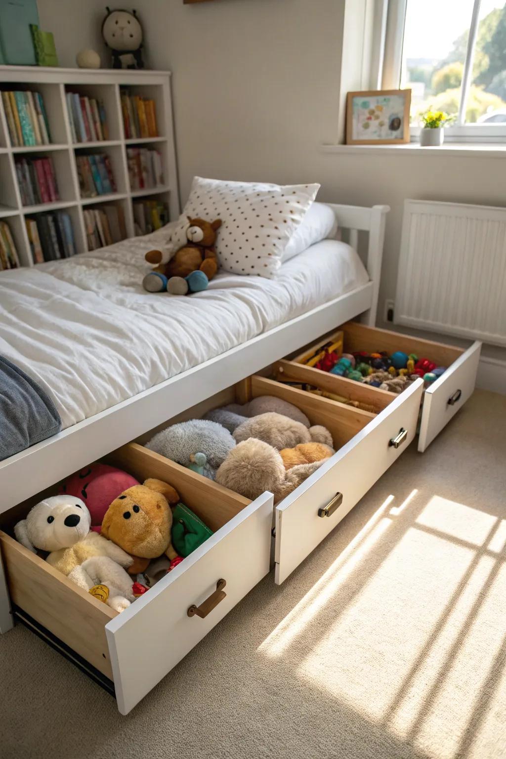 Under-the-bed storage keeps toys out of sight.