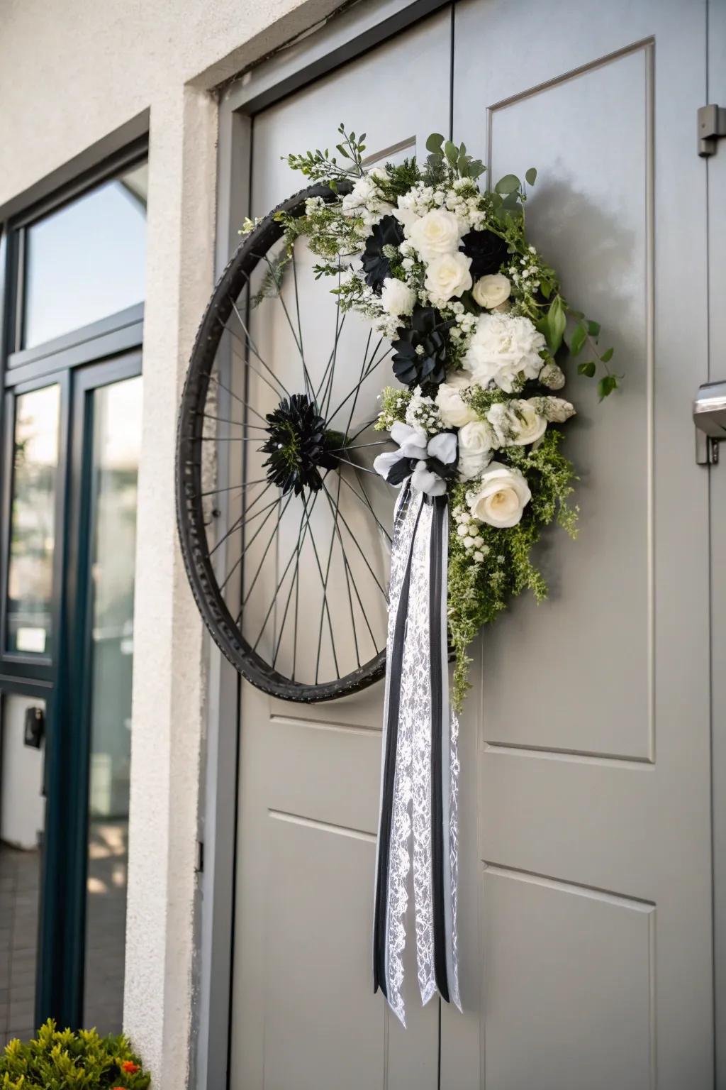 A subtle bicycle wreath showcasing monochromatic elements for a contemporary aesthetic.
