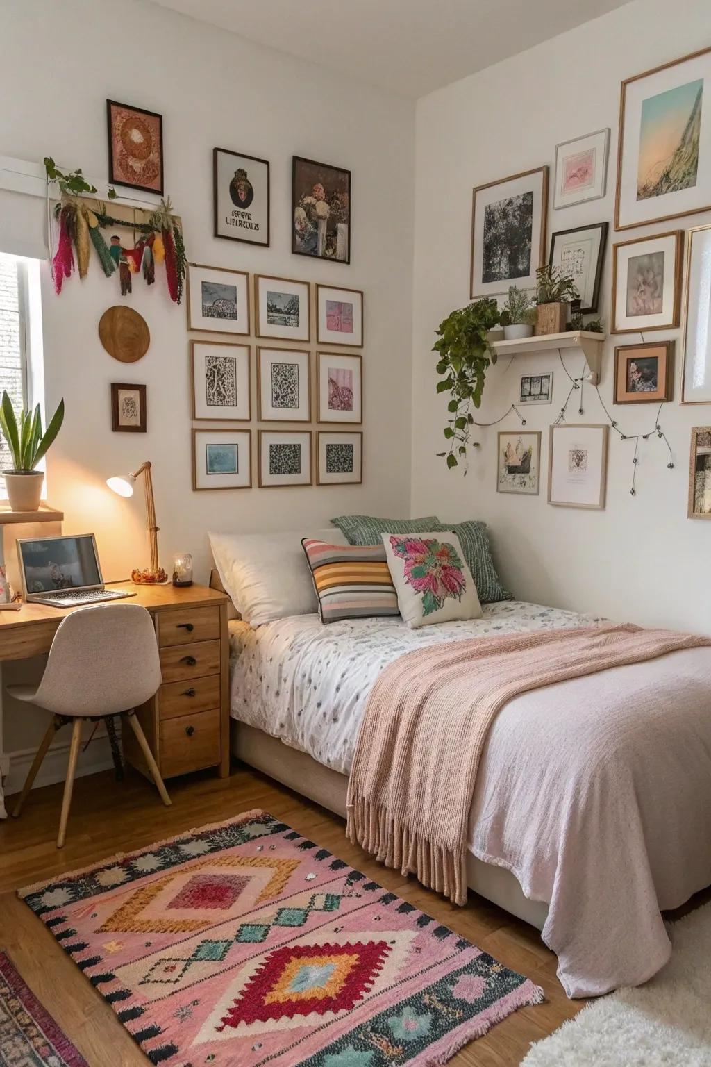 A spacious bedroom personalized with unique art pieces and decorations.