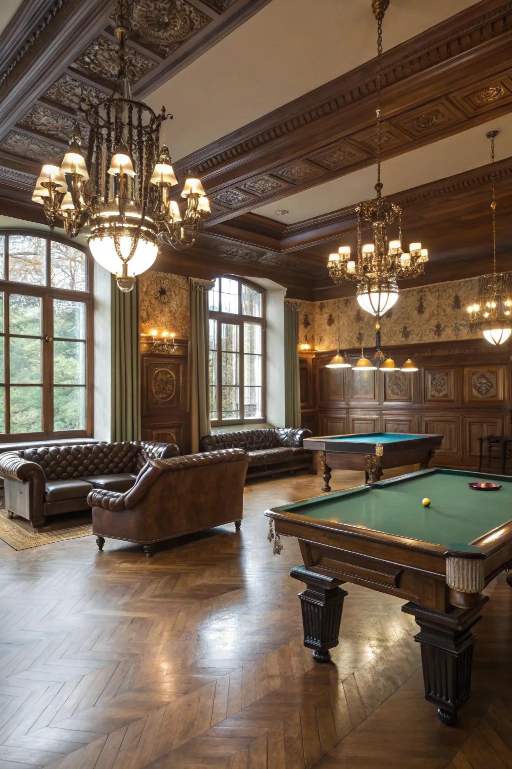 Elegant hardwood flooring enhances the style of a gaming room.