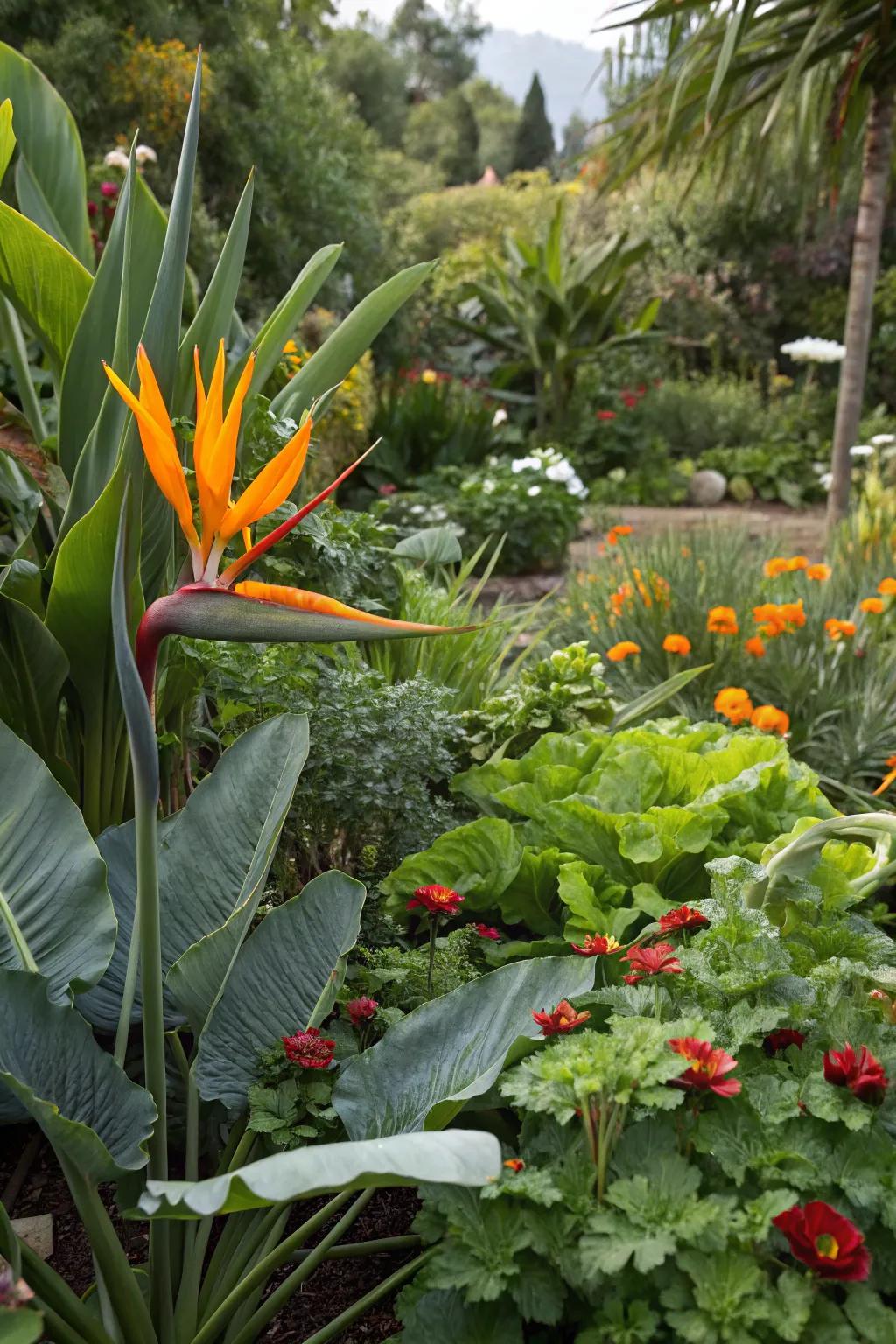 Merge beauty and function with Bird of Paradise in a food garden.