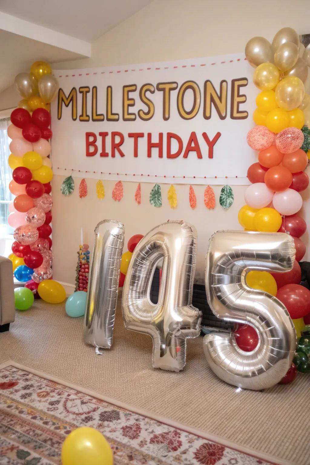 Large number balloons highlight a milestone birthday in a decorated room.