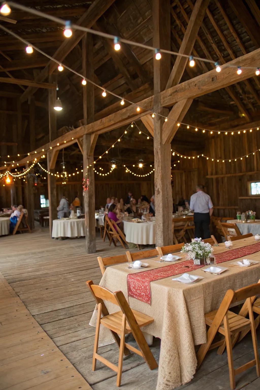 Delight in the cozy, inviting atmosphere of this rustic barn celebration.