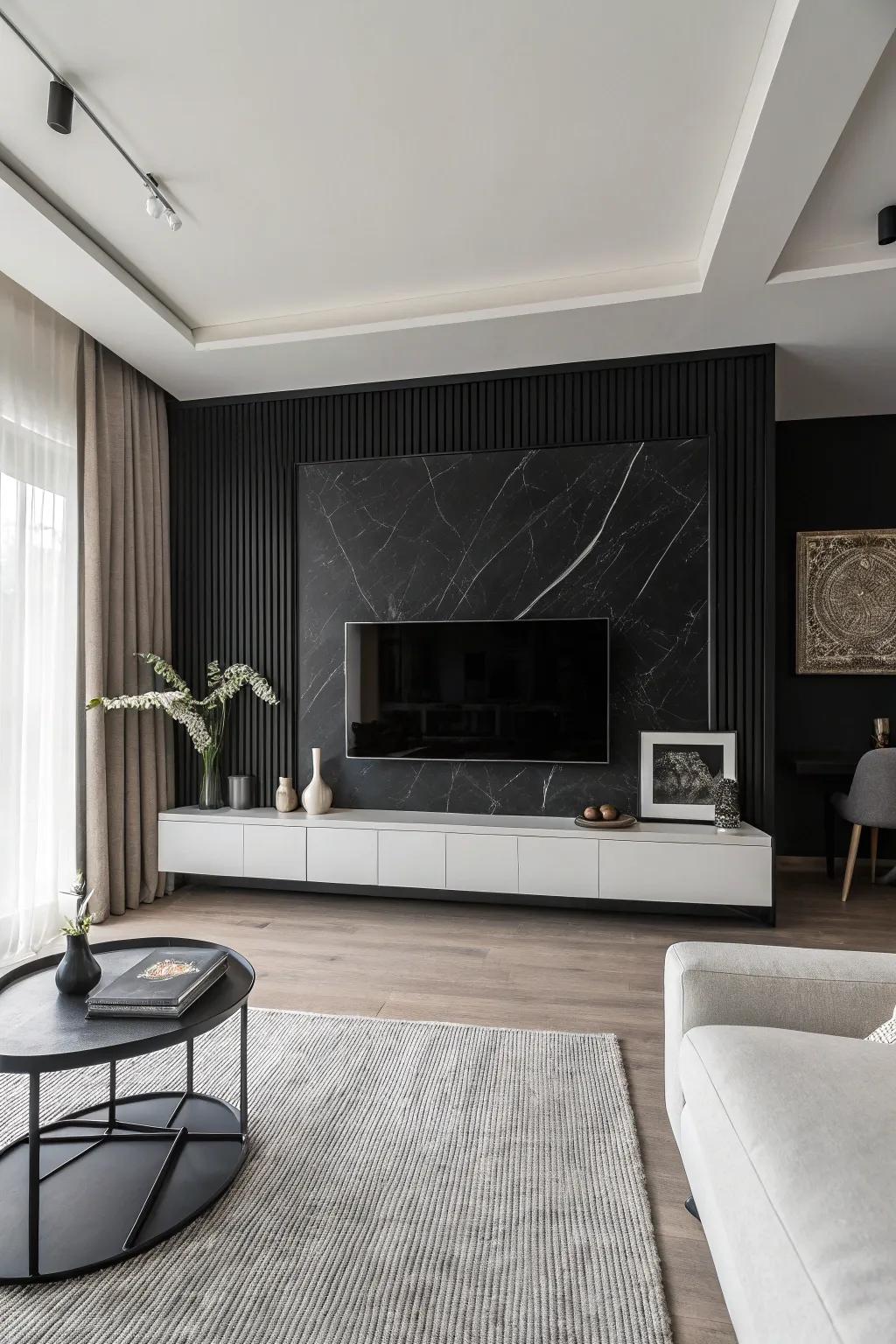 Monochrome decor delivers a streamlined, contemporary contrast to a dark accent wall.