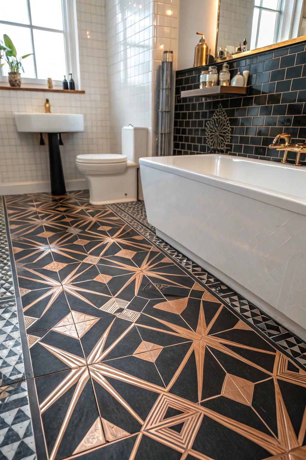 Geometric layouts incorporate a bold proclamation to the bathroom flooring.