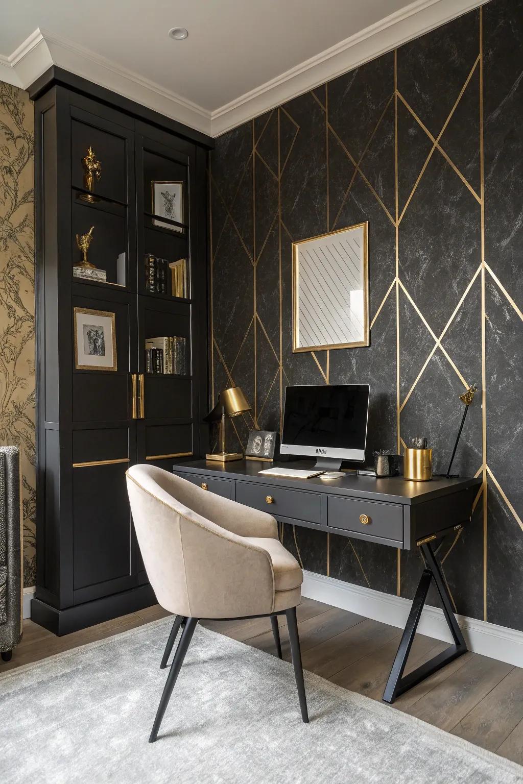 Textured walls accentuated with gold details add depth and a luxurious feel to your office.
