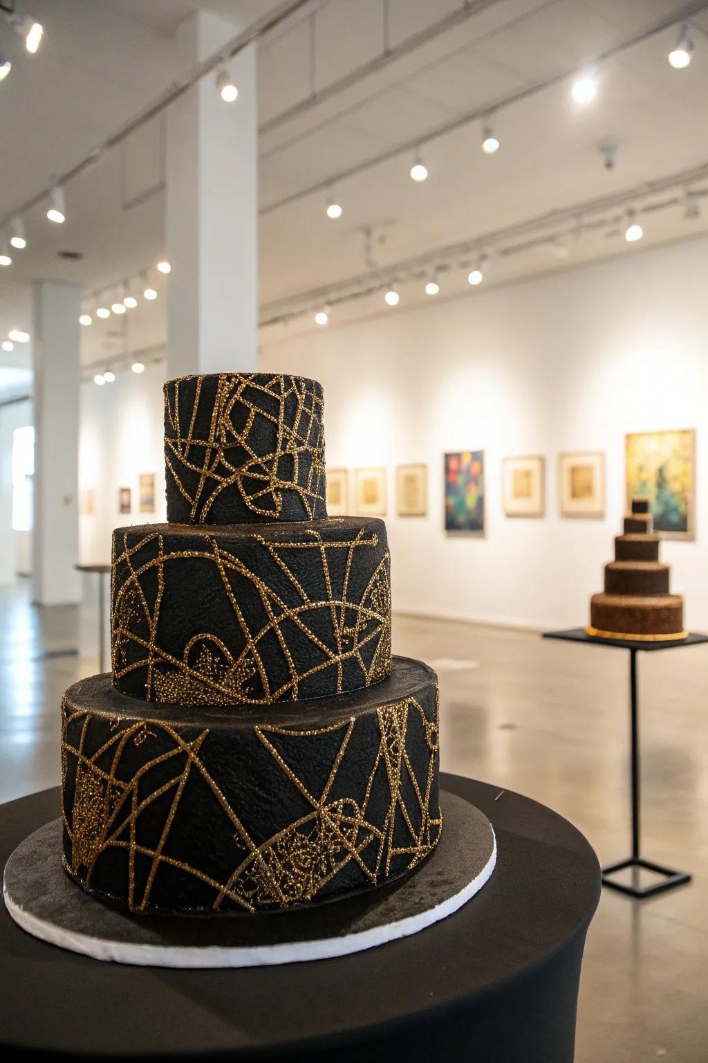 Etched gilded designs add an artistic touch to this striking cake.