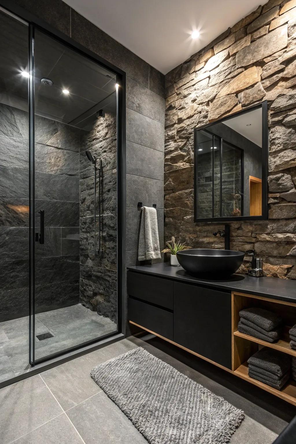 A bathroom that creatively combines surface qualities for increased depth and interest.