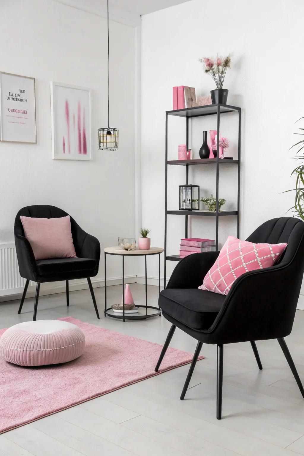 A minimalist design with rose and dark features creates an elegant space.