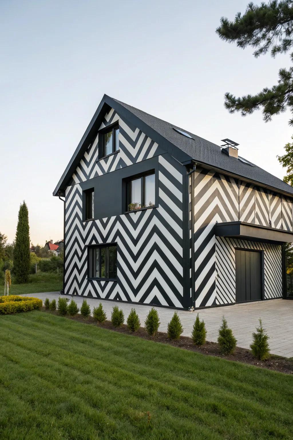 Geometric patterns make a bold statement on the house's exterior.