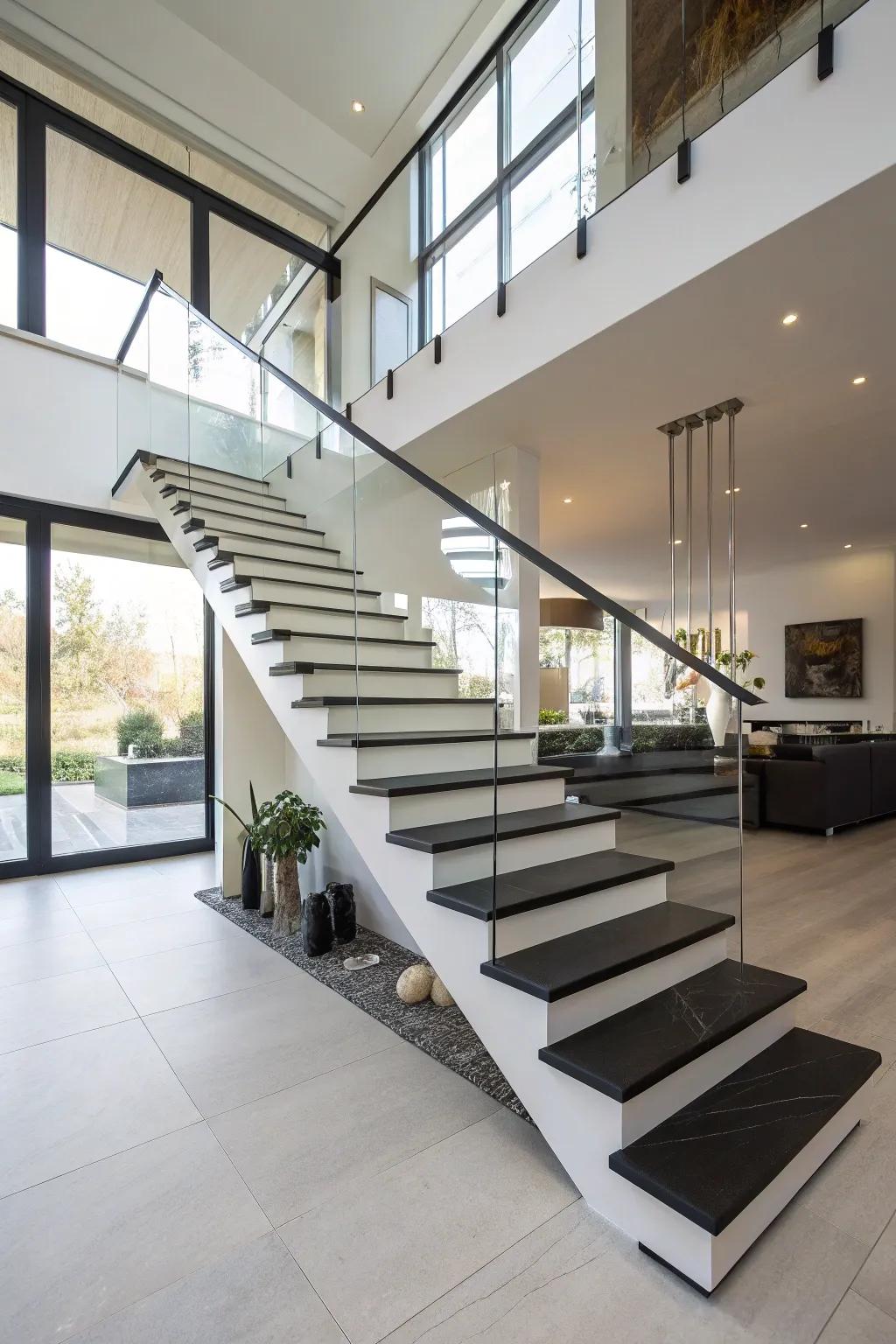 Floating noir and blanc steps create an airy feel in a modern design.