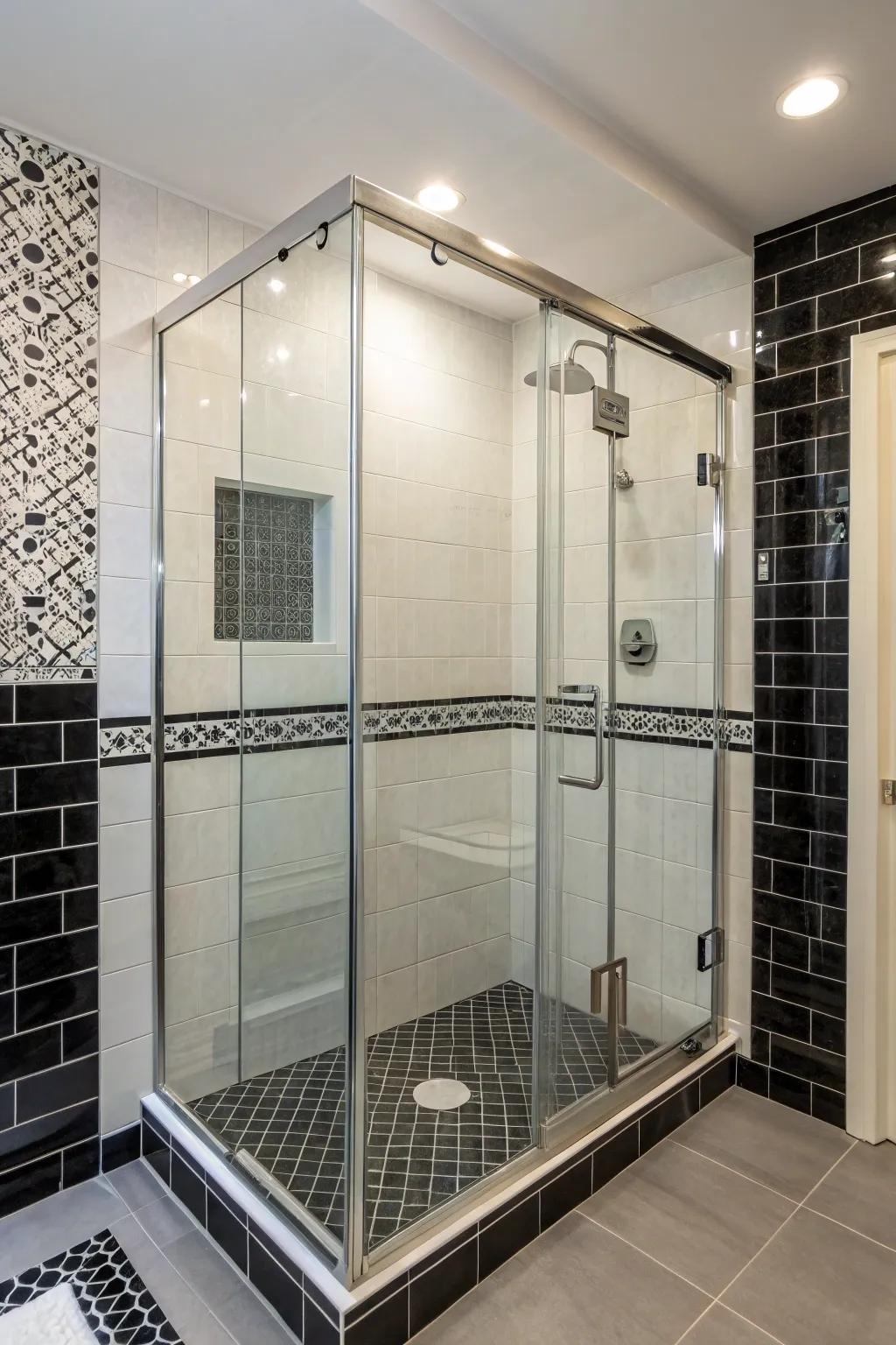 See-through crystal dividers highlight the elegant tile work.