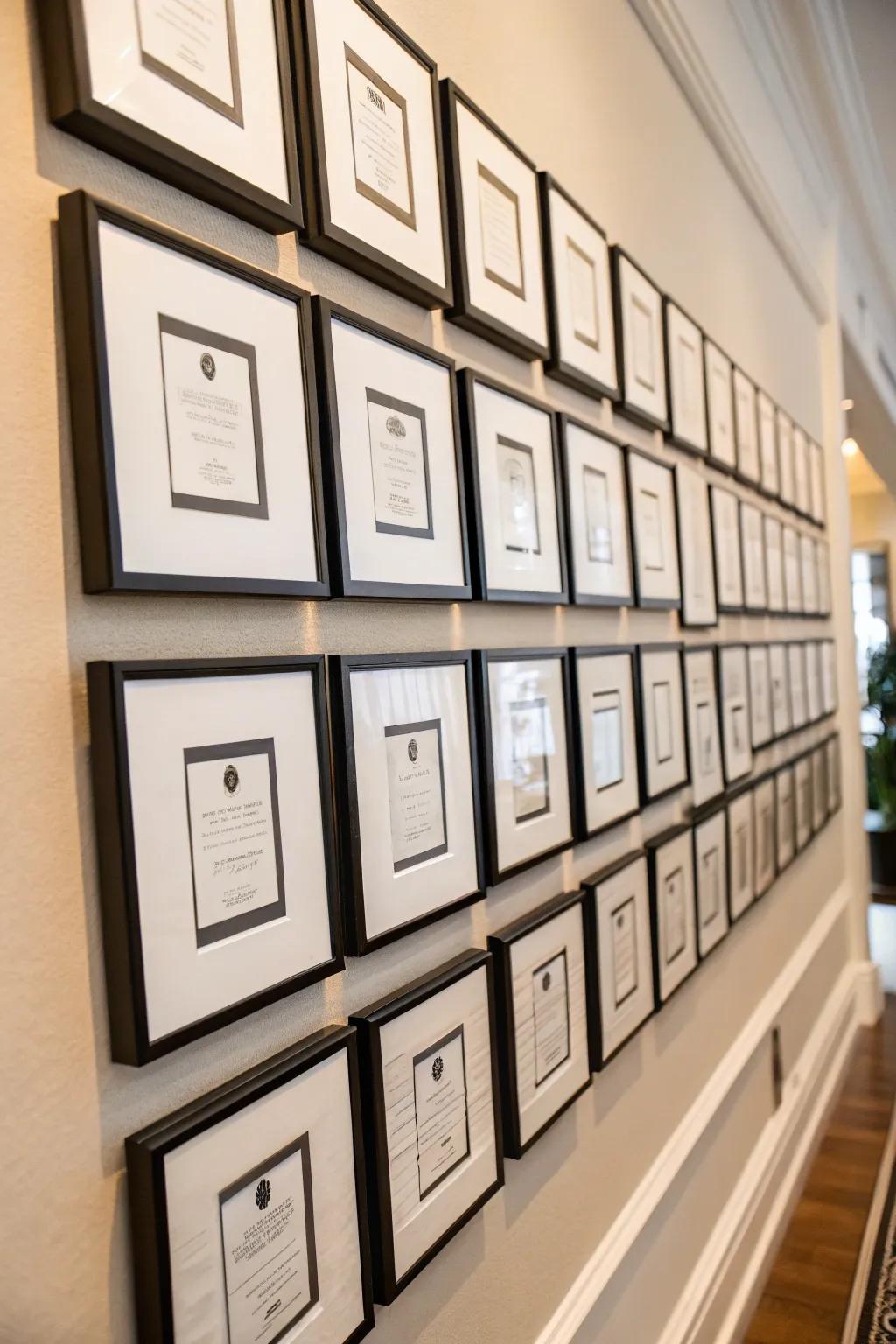 A modern place card exhibit adds an artistic touch to the wedding décor.