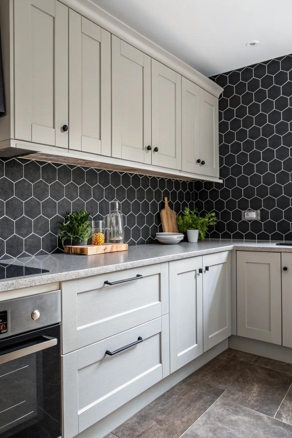 Polygonal tiles bring a playful yet sophisticated touch to this kitchen's design.