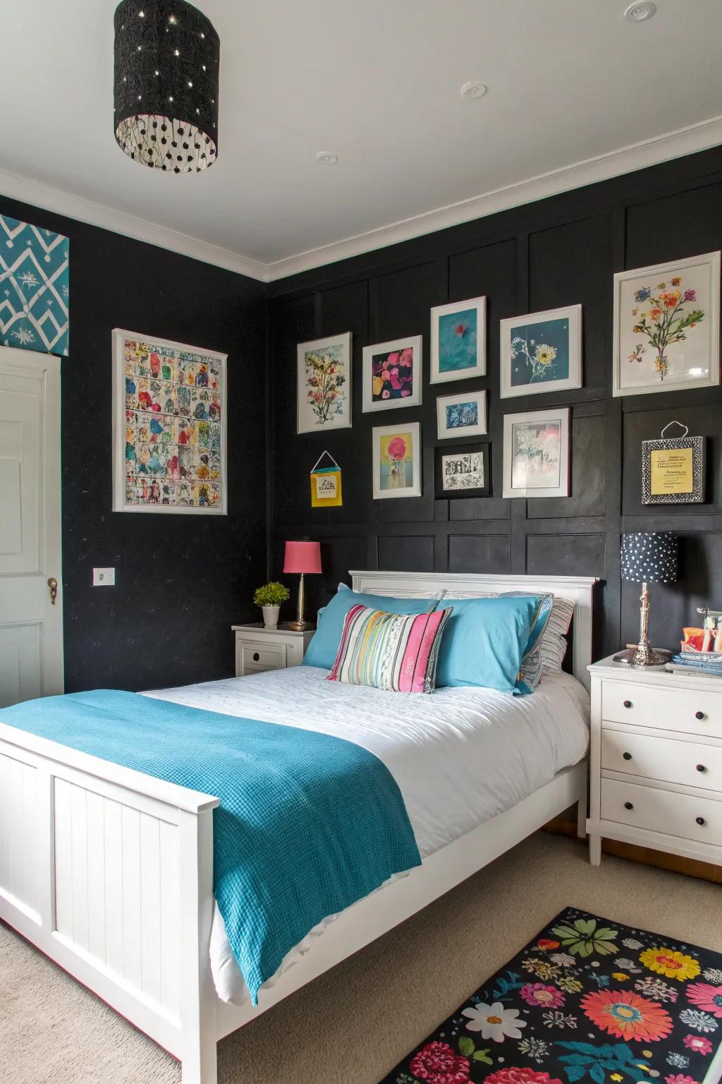Dramatic dark walls establish a striking backdrop for this bedroom.
