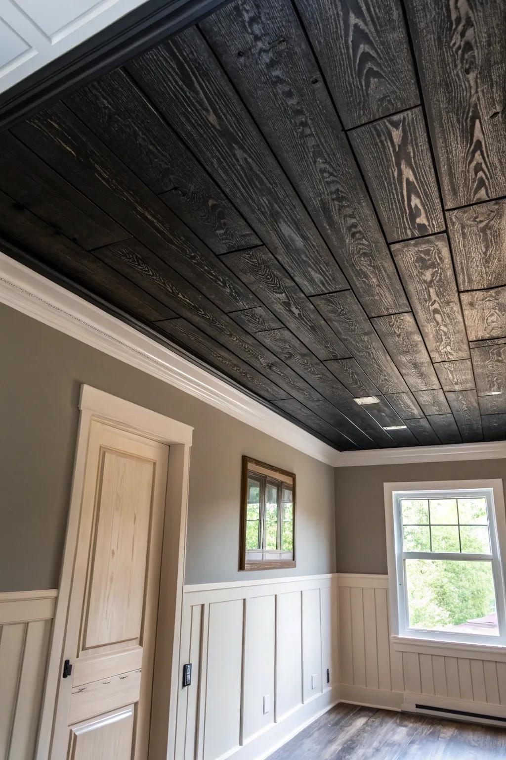 A room featuring a textured dark overhead that adds character and luxury.