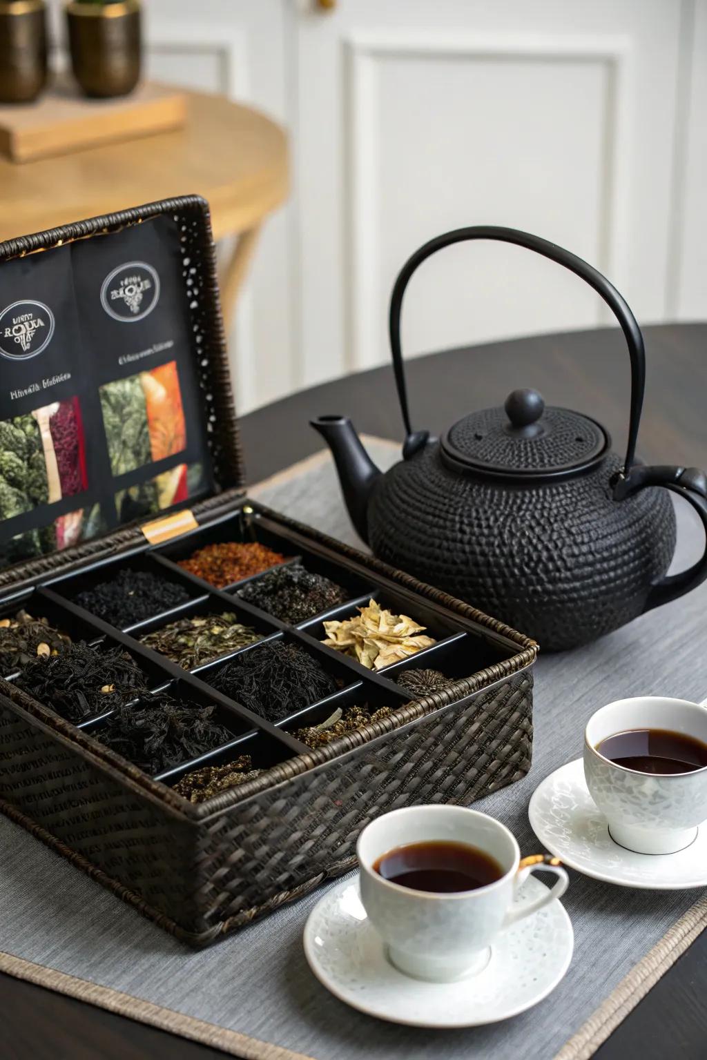 A dark tea-inspired hamper for a stylish tea time.