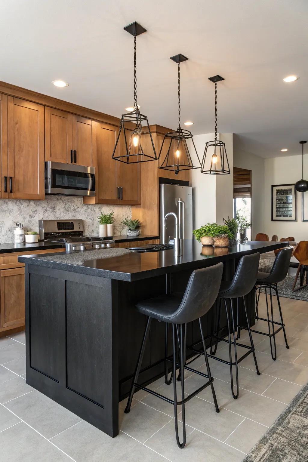 A kitchen island featuring black countertops for maximum visual impact.