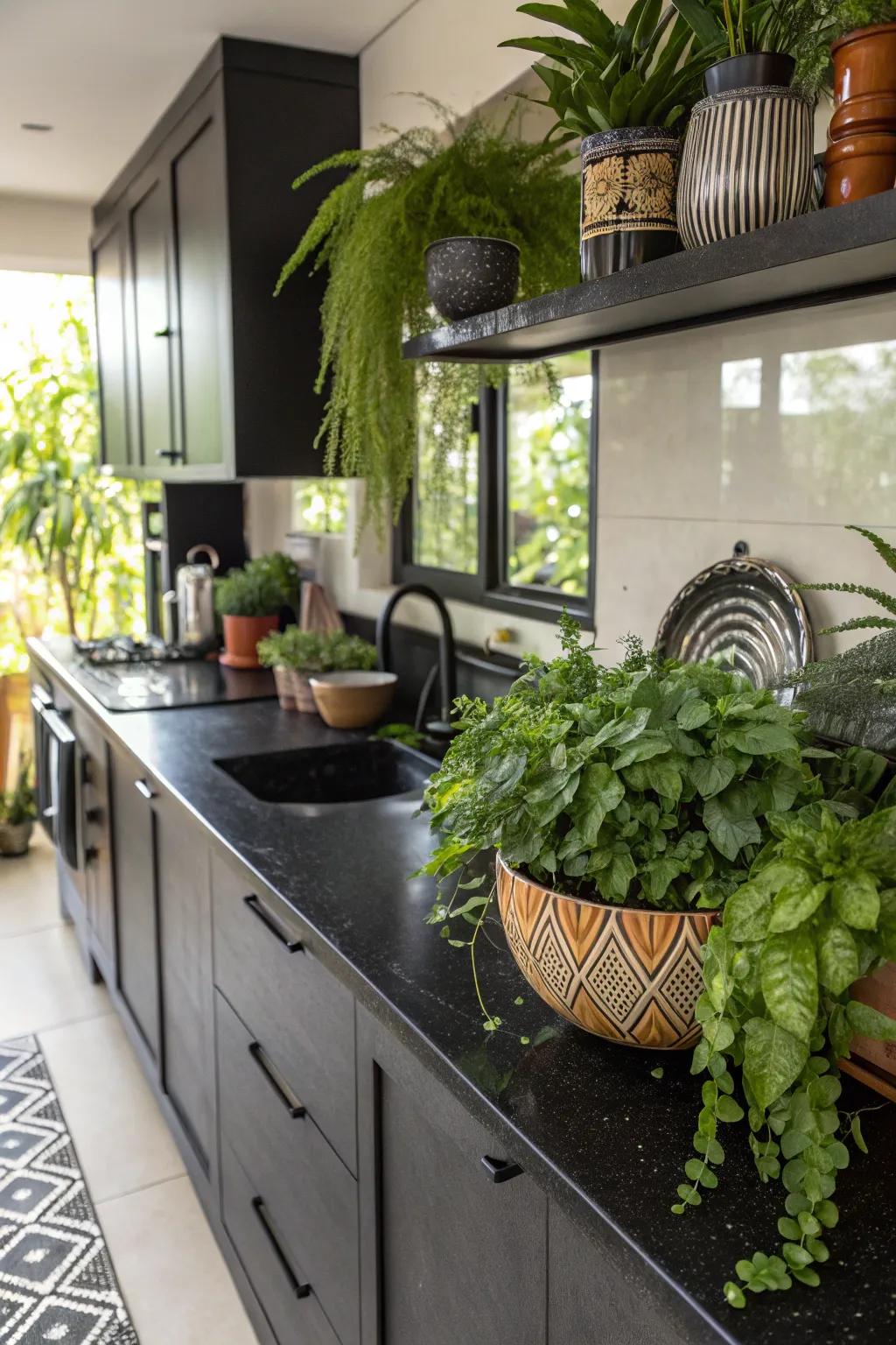 Greenery enriches dynamic quality to ebony worktops.