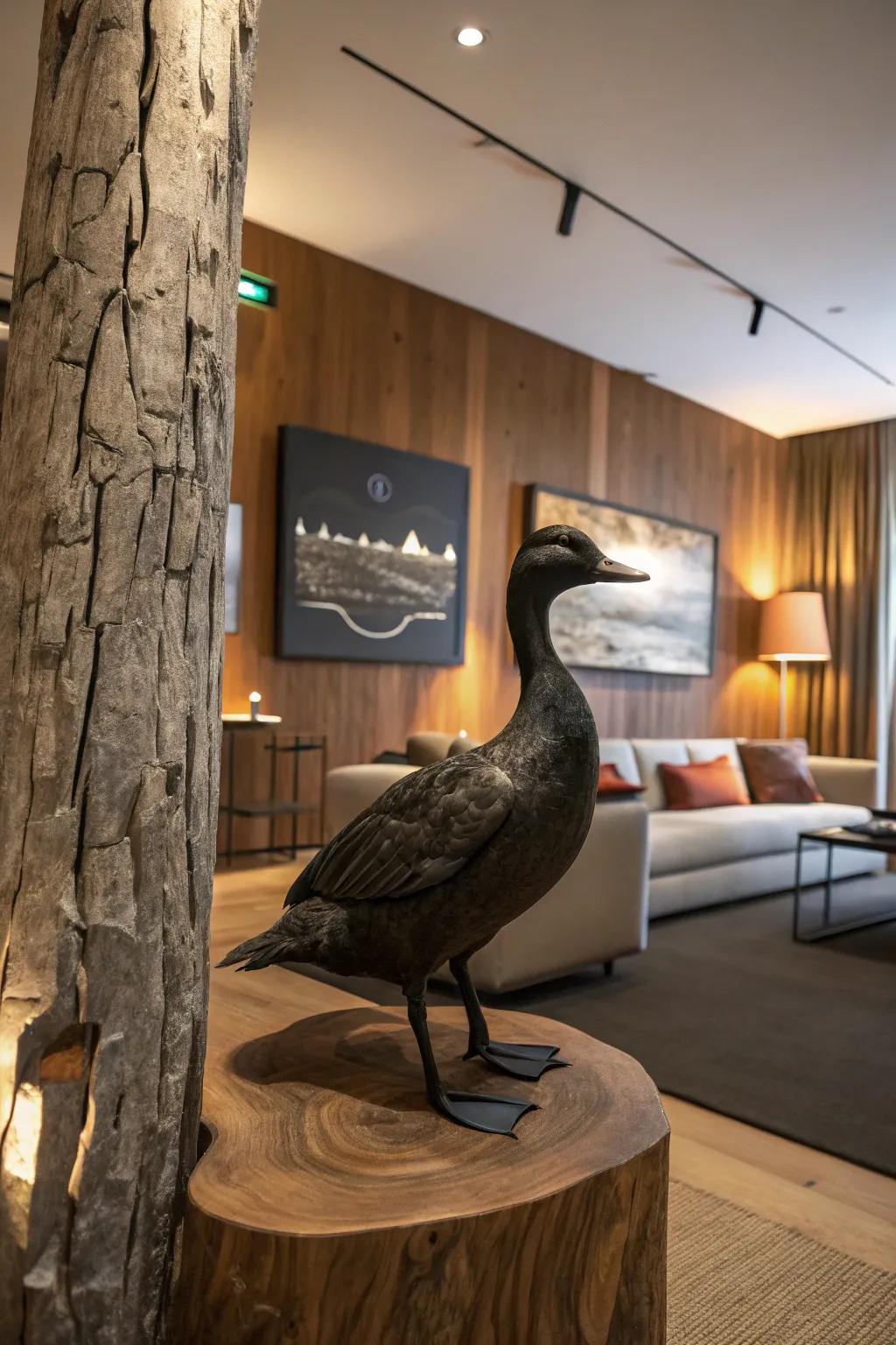A bronzewing sculpture accented by a patterned wooden panorama.