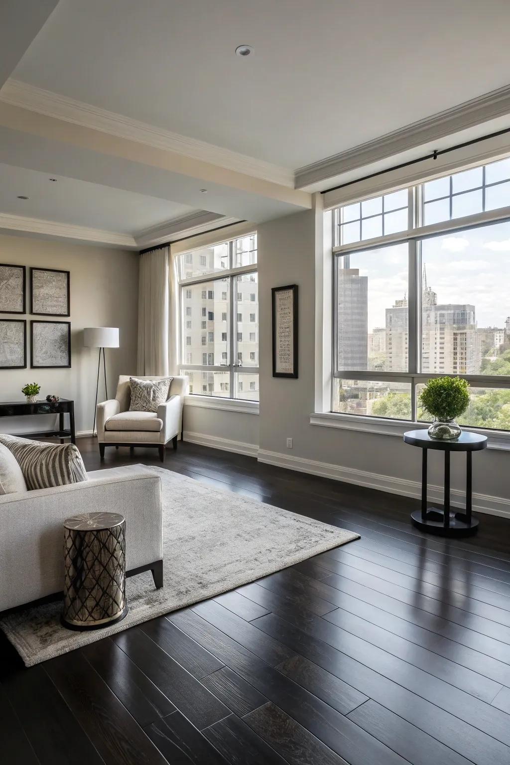Contemporary space with smooth dark floor.