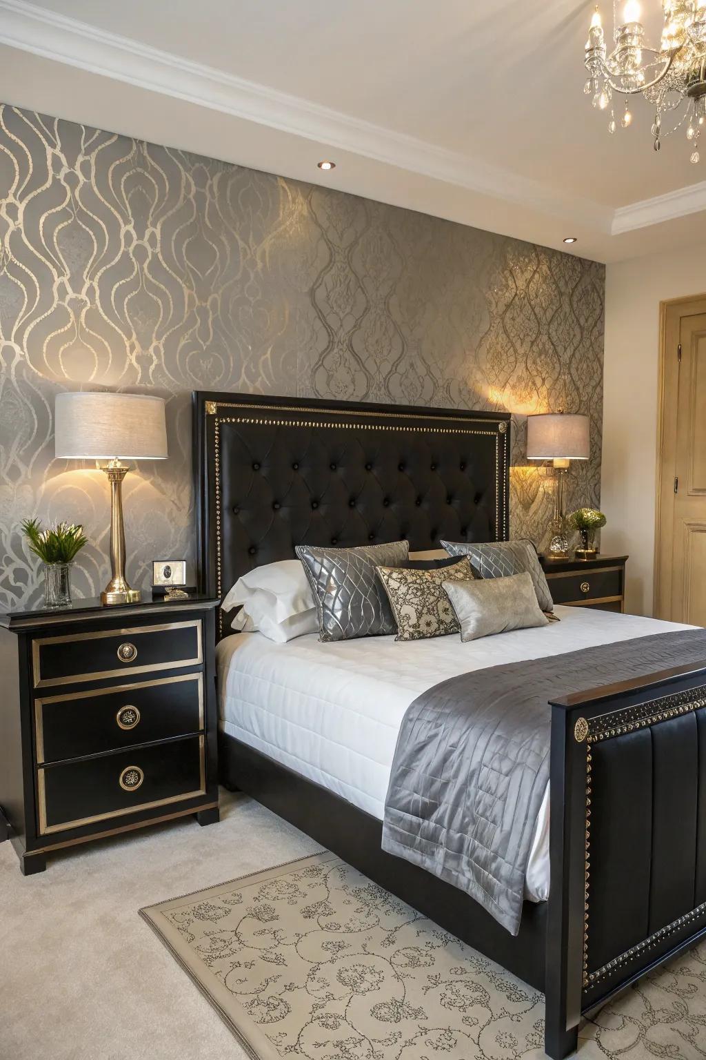 Glamorous bedroom featuring metallic details and a dark-toned headboard