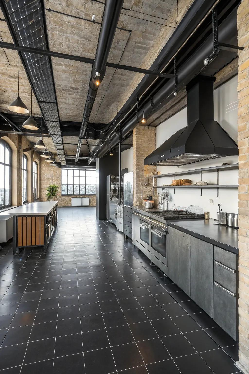 A factory-style kitchen that pairs ebony floors with metallic highlights.