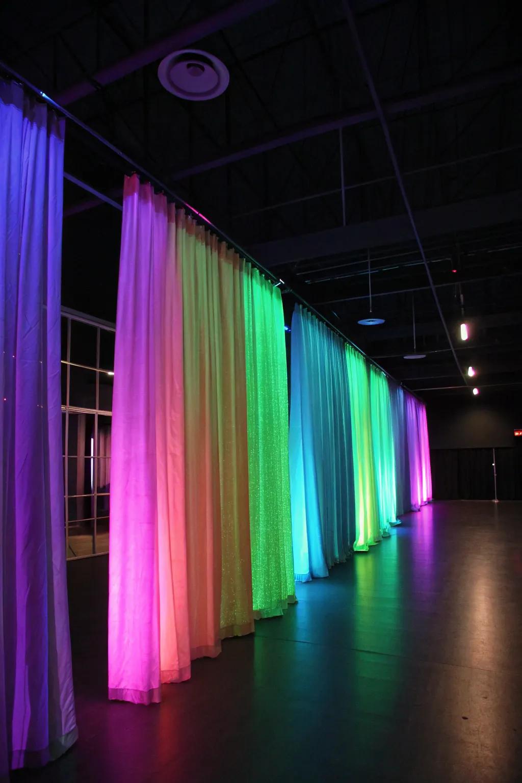 Bright curtains emphasize the view using a colorful shimmer.