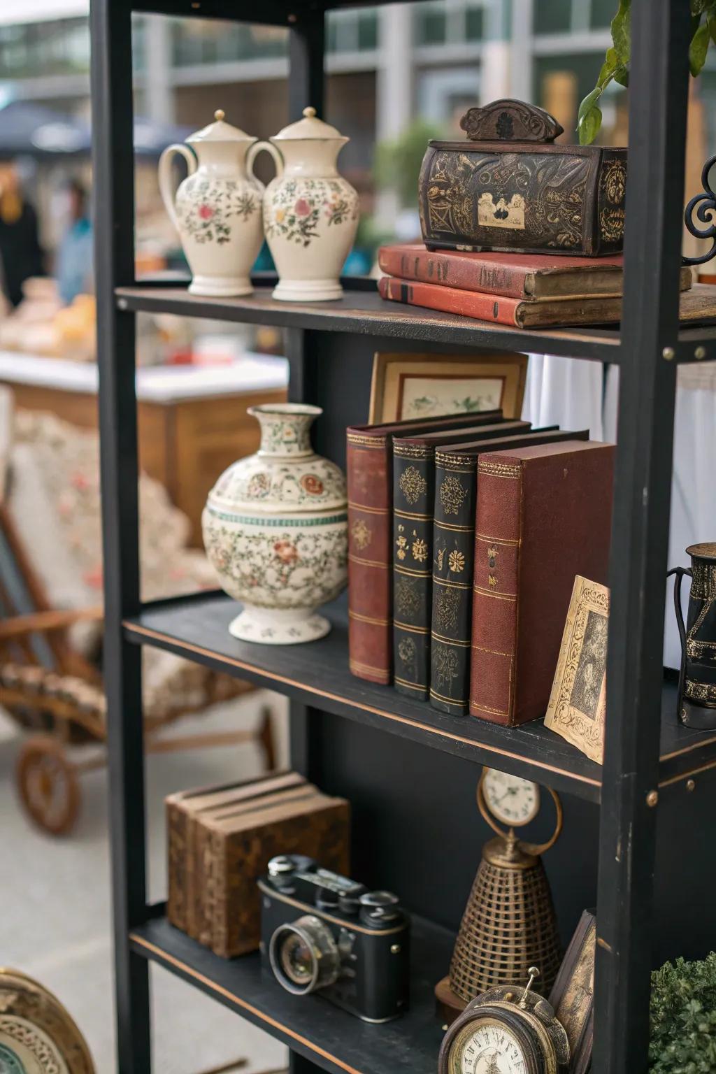 A themed vintage object collection establishing a cohesive display upon a dark-colored shelf.