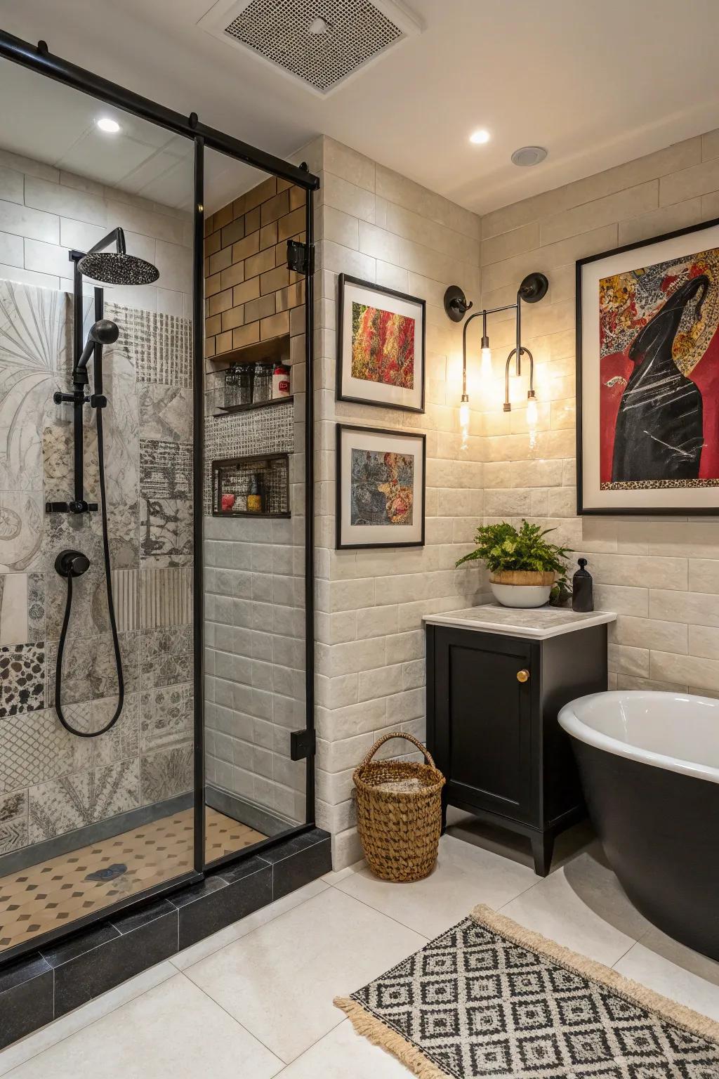 Bold art adds a personal touch to your shower area.