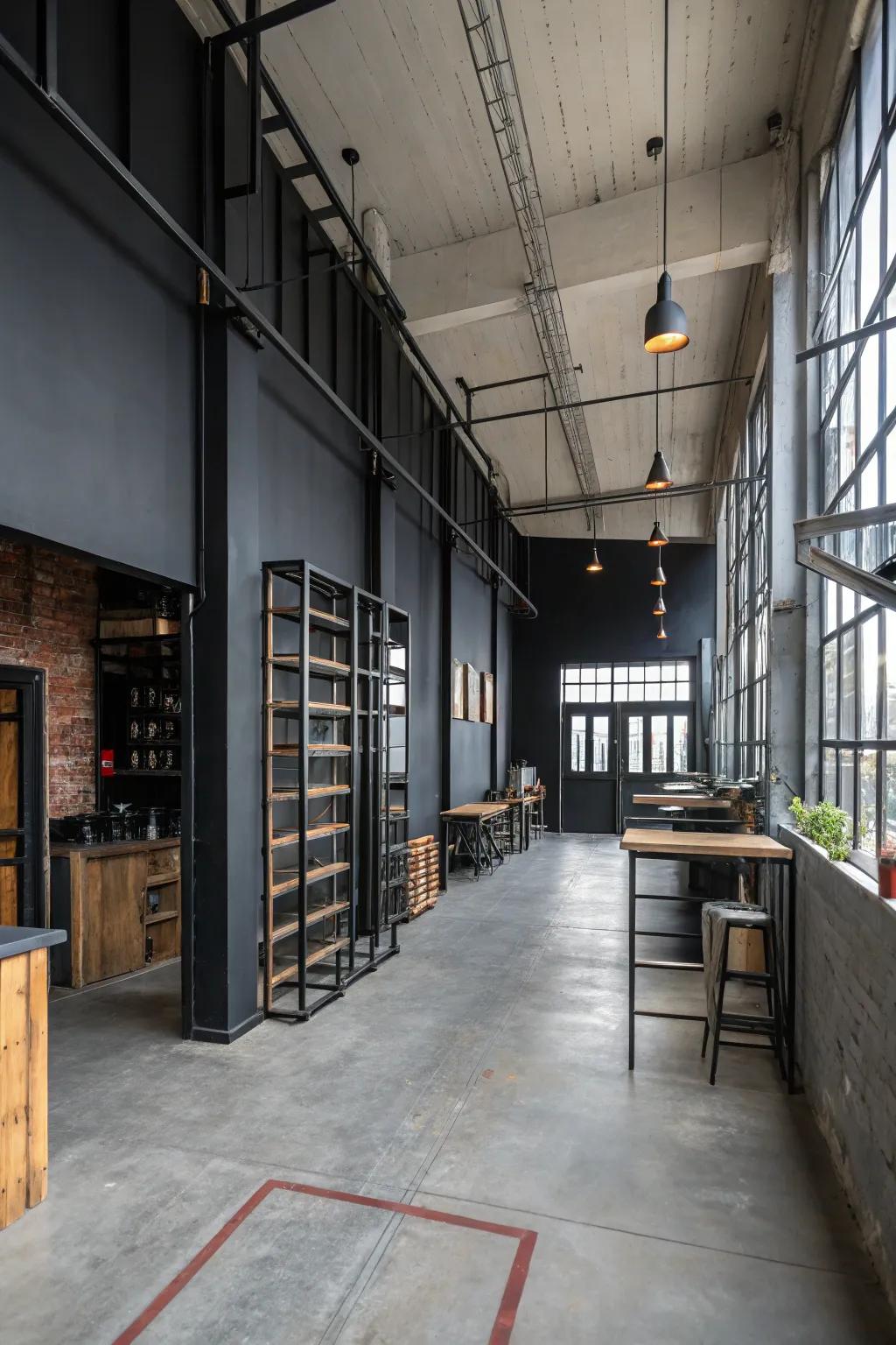 An industrial-style room featuring a black wall.