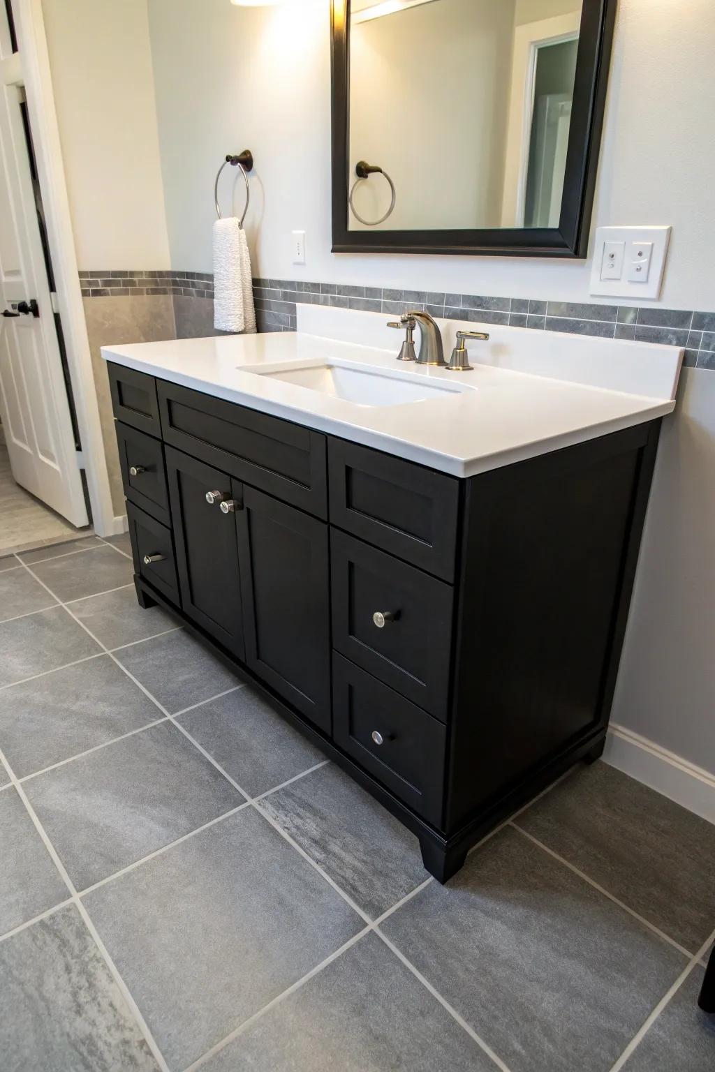 A black vanity with white countertops creates a chic, balanced look.