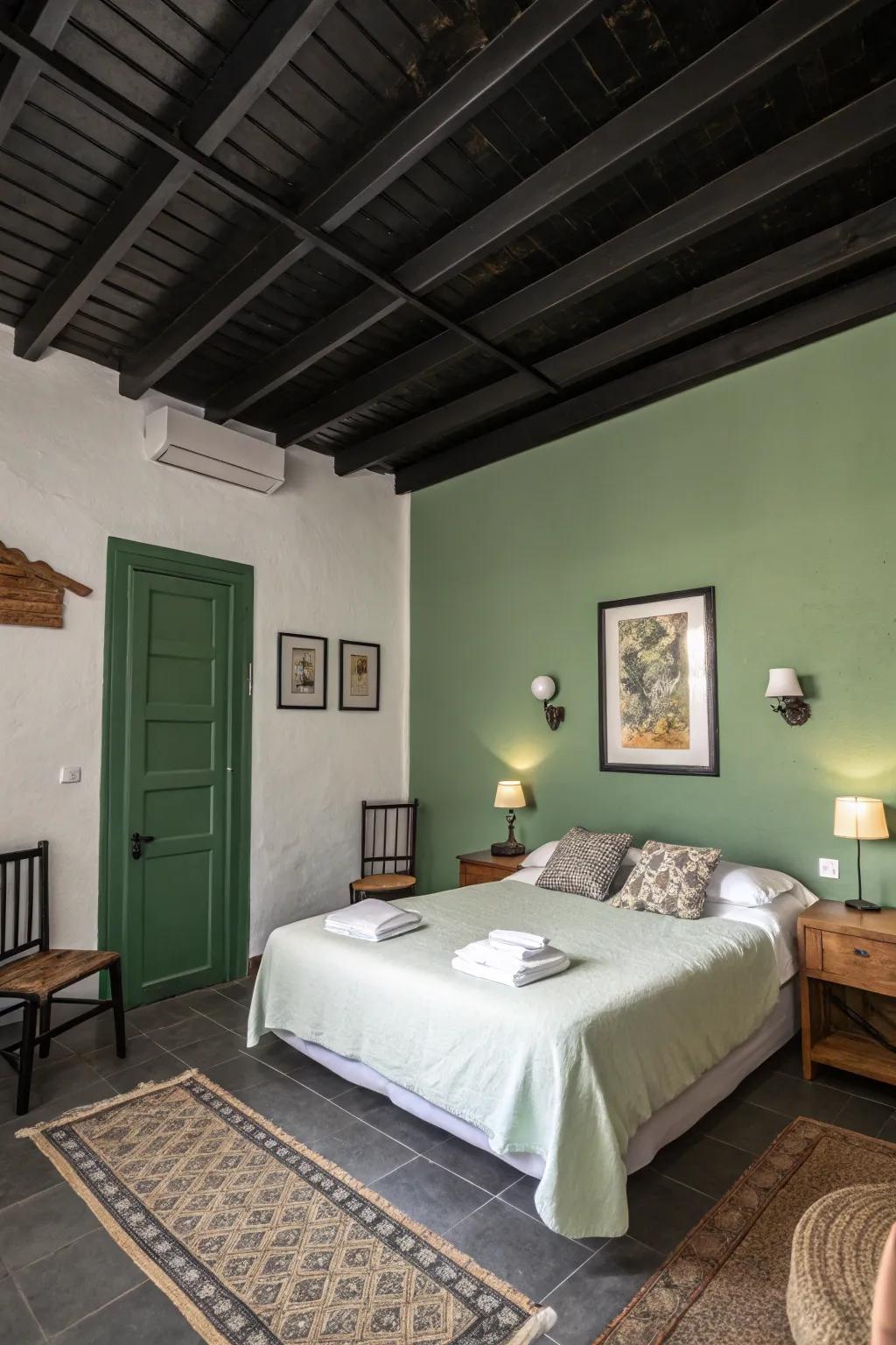 A dramatic ebony overhead paired with verdant walls for a snug effect.