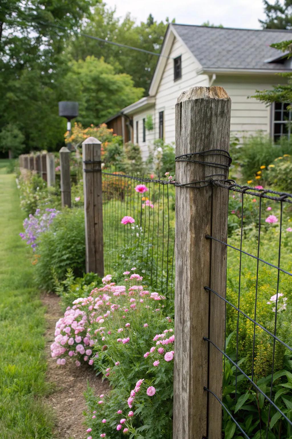 Introduce rustic charm to your garden with a dark steel-strand and wood combination.