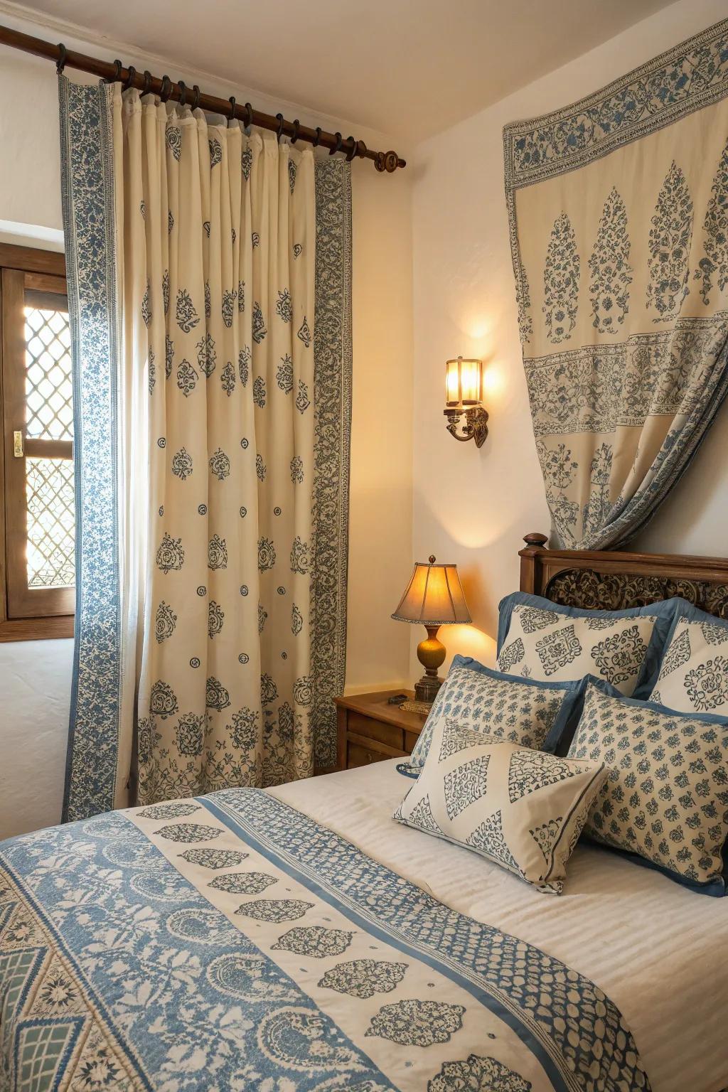 The visual appeal and depth are enhanced by patterned textiles in blue and beige.